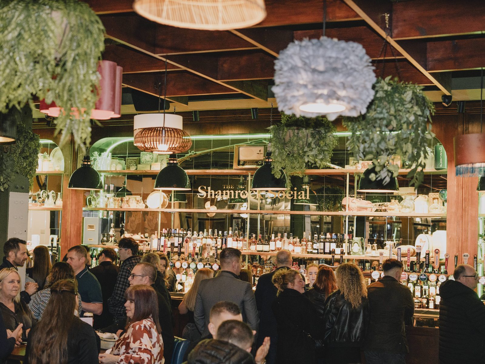 The main bar room at The Shamrock Social, packed on a weekend night